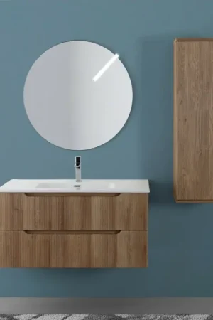 Affare Mobile bagno sospeso 100 rovere cannettato doppi cassetto lavabo e specchio Wise