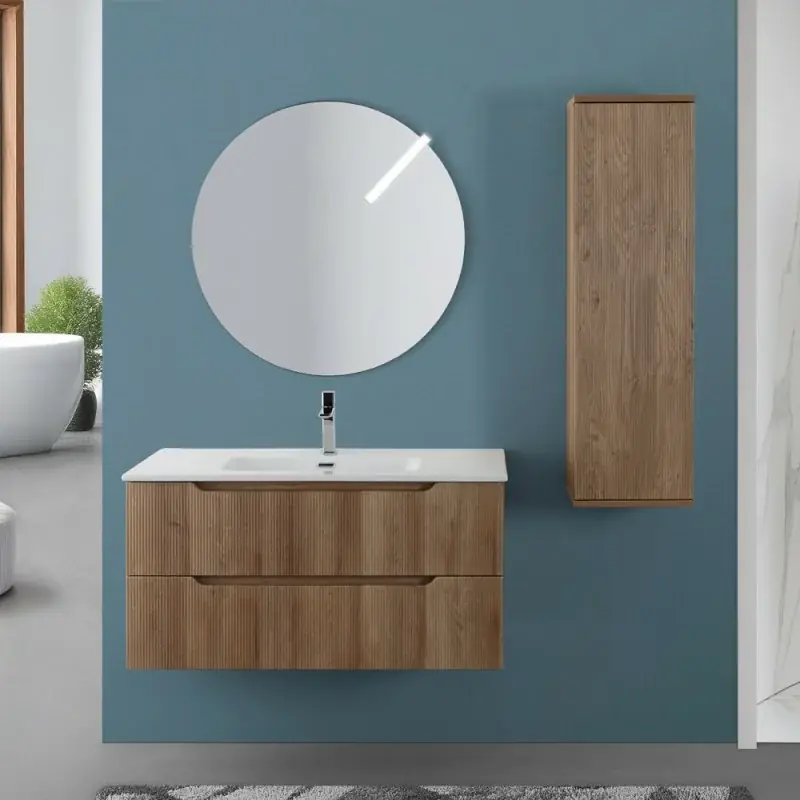 Affare Mobile bagno sospeso 100 rovere cannettato doppi cassetto lavabo e specchio Wise