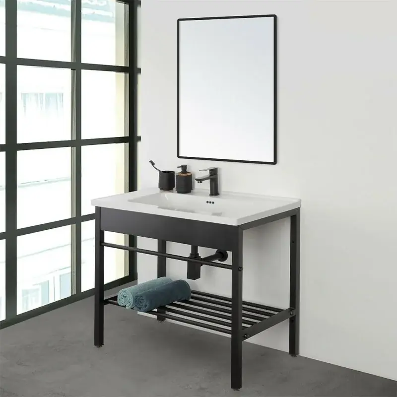 Esclusivo Mobile bagno a terra 80 cm stile industrial nero opaco con specchio Borg