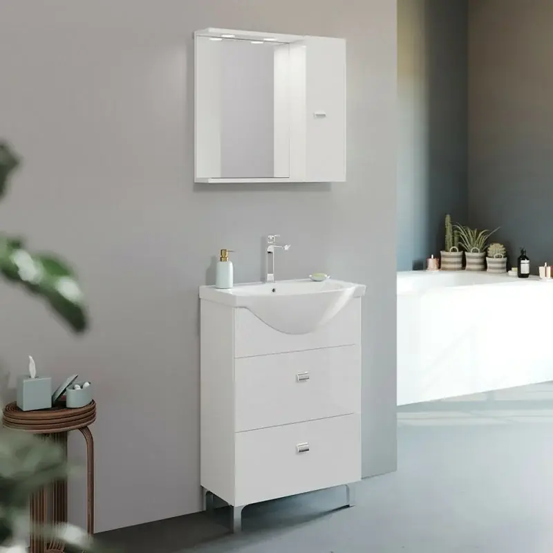 Esclusivo Mobile bagno a terra 55 cm Creta bianco lucido completo di specchio con anta