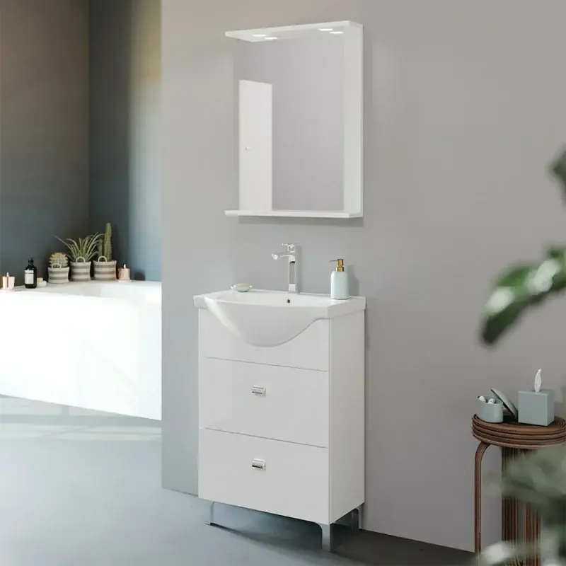 Mobile bagno a terra 55 cm Creta bianco lucido completo di specchio Prezzo Di Fabbrica