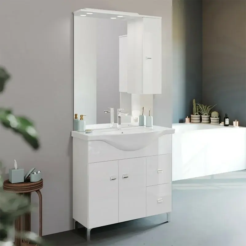 Mobile bagno a terra 85 cm Creta bianco lucido con lavabo e specchio con pensile Prezzo Di Fabbrica
