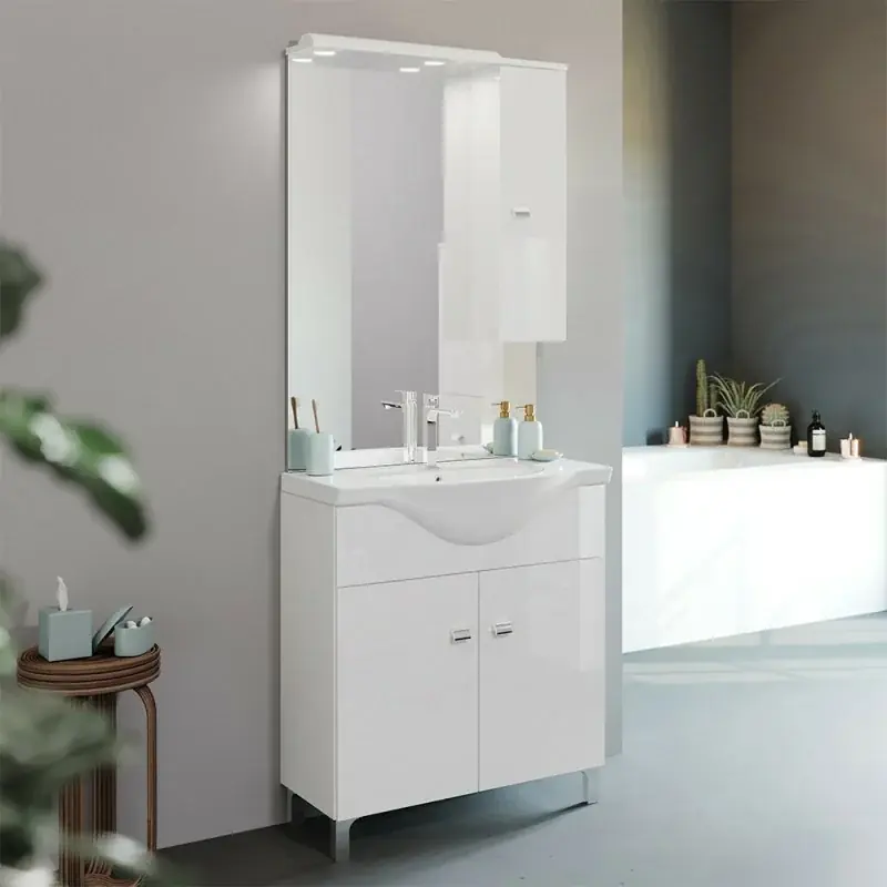 Mobile bagno a terra 75 cm Creta bianco lucido con lavabo e specchio con pensile Solo Oggi