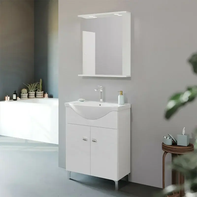 Mobile bagno a terra 65 cm Creta bianco lucido con lavabo e specchio Economico