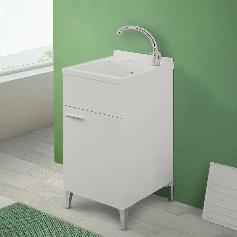 Saldi Mobile lavatoio 45x50 bianco con vasca in resina completo di asse lavapanni