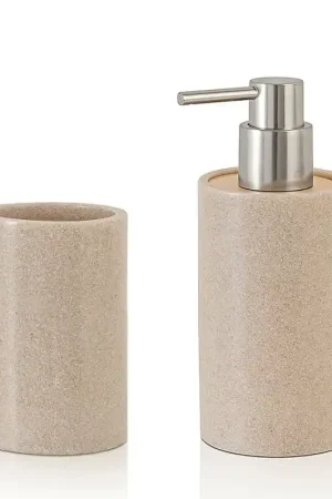 Vendita Finale Set accessori bagno moderni beige in resina dispenser + portaspazzolini Sahara