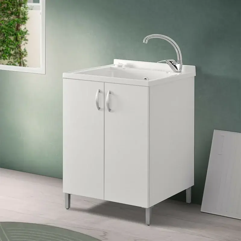 Offerta Del Giorno Mobile lavatoio 60x60 cm bianco con vasca asse lavapanni e kit di scarico