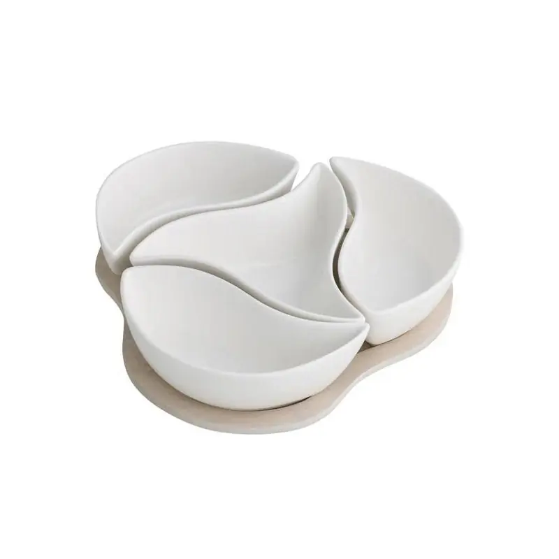 Subito Disponibile Brandani Antipastiera Trifoglio in Porcellana con Base in Bamboo