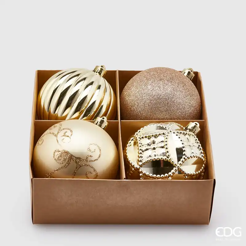 Promozione EDG Enzo De Gasperi Box 4 Palle di Natale Decorate Poly D10 cm Mix Champagne