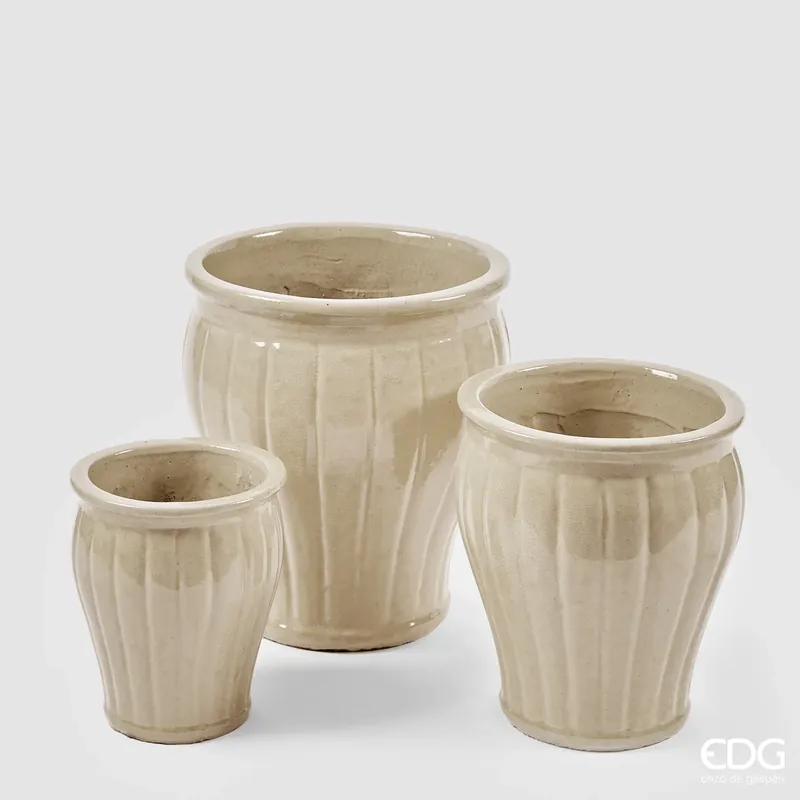 A Buon Prezzo EDG Enzo De Gasperi Set 3 Vasi Glaze Righe Svasati Avorio