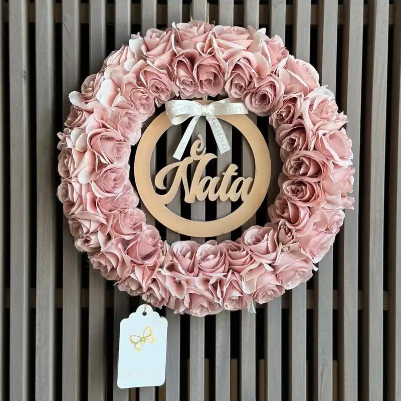 Fiori Di Lena Ghirlanda Nascita con Scritta e Roselline D25 Rosa Prezzo Scontato
