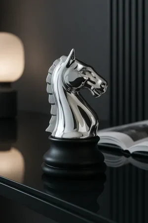 Offerta Limitata Mia Design Cavallo Scacchi H27 cm in Resina Nero e Argento