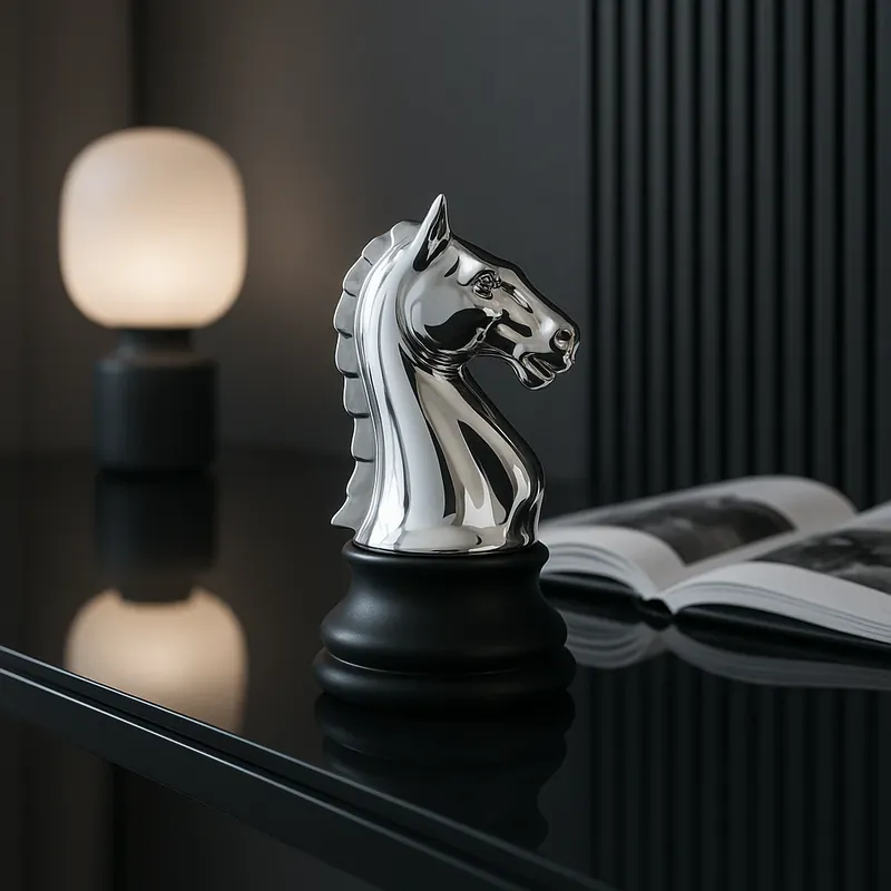 Offerta Limitata Mia Design Cavallo Scacchi H27 cm in Resina Nero e Argento