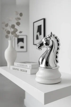 Mia Design Cavallo Scacchi H27 cm in Resina Bianco e Argento Ultimissimo Modello