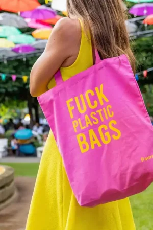 Fisura Tote Bag Shopper in Cotone Fuck Plastic Bags Rosa Popolare