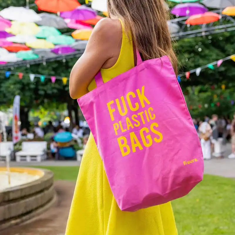 Fisura Tote Bag Shopper in Cotone Fuck Plastic Bags Rosa Popolare