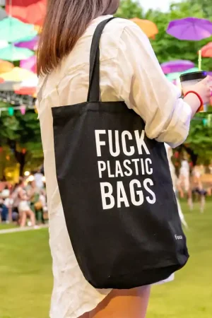 Fisura Tote Bag Shopper in Cotone Fuck Plastic Bags Nero Non Perdere