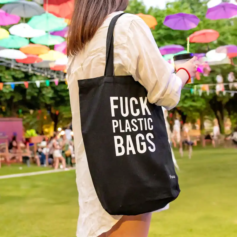 Fisura Tote Bag Shopper in Cotone Fuck Plastic Bags Nero Non Perdere