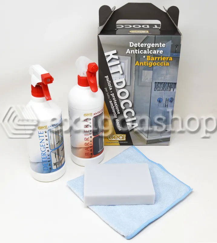 Promozione Kit Doccia Detergente Anticalcare E Barriera Antigoccia per pulizia e protezione