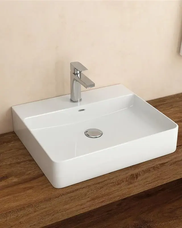 Prezzo Di Fabbrica Lavabo 60x42 Da Appoggio con bordo rubinetteria In Porcellana Bianco New Line Xr2