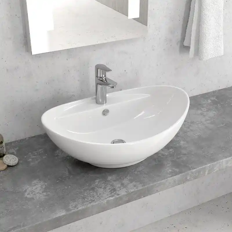 Subito Disponibile Ciotola 59x39 Da Appoggio con bordo rubinetteria In Porcellana Bianca New Line O3