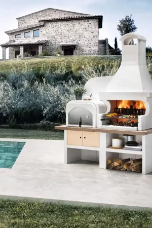 A Buon Prezzo Palazzetti Malibu 2 barbecue a legna con forno pizza sinistro e Piano in Marmotech rosso