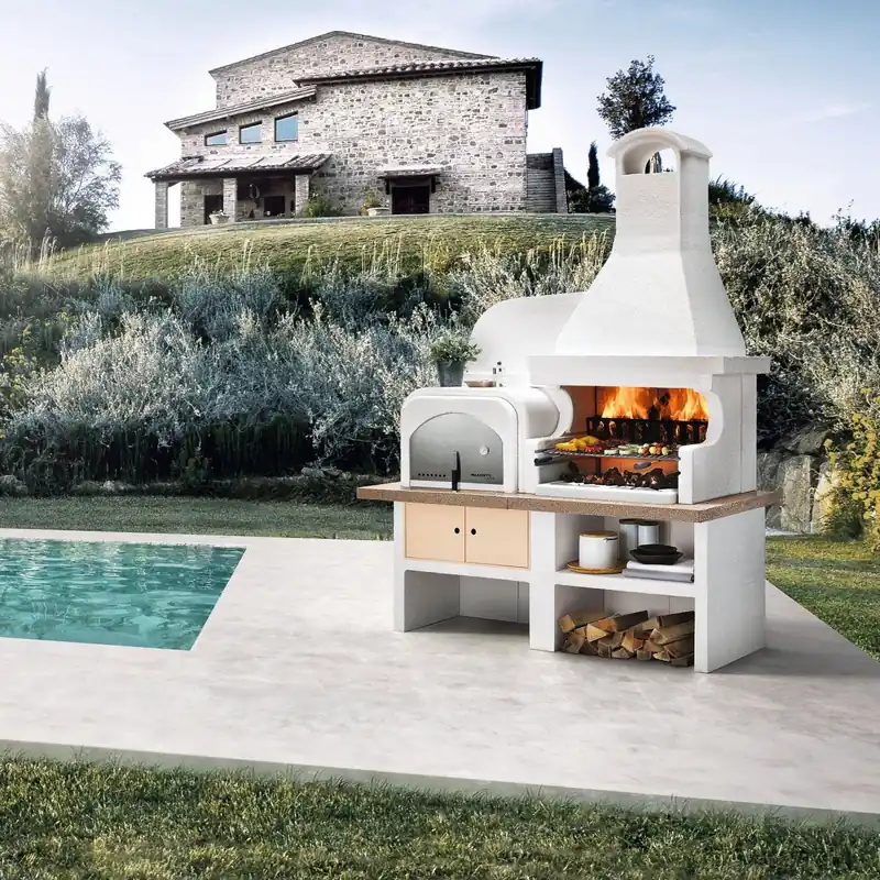 A Buon Prezzo Palazzetti Malibu 2 barbecue a legna con forno pizza sinistro e Piano in Marmotech rosso