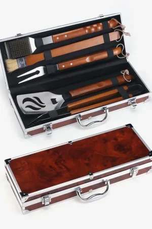 Pagamento Sicuro Palazzetti Lux Set utensili barbecue con manico in legno e valigetta in radica