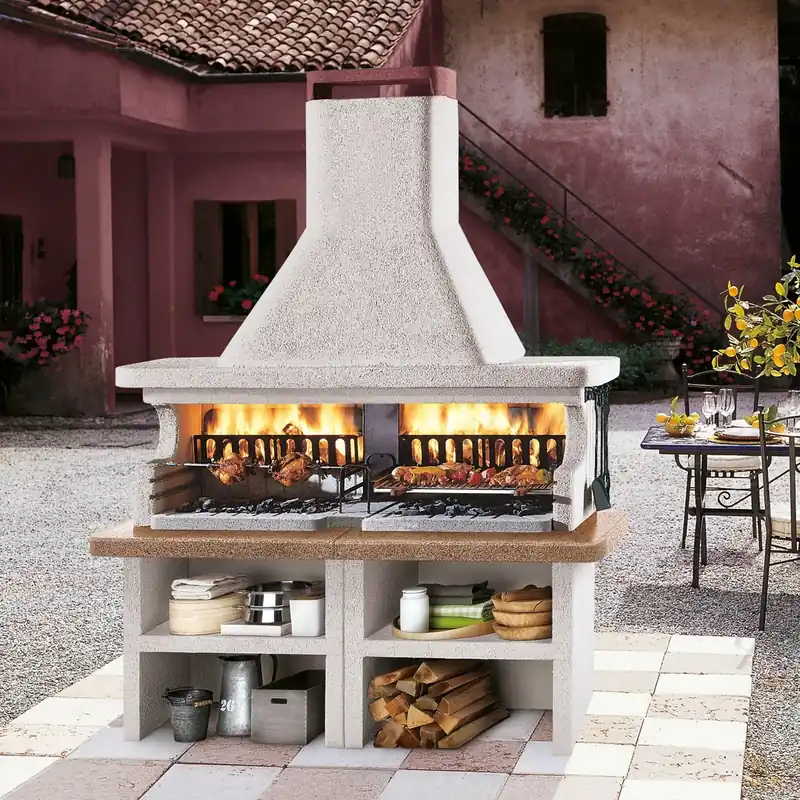 Palazzetti Miami 3 barbecue a legna grezzo doppio grill e piano in Marmotech rosso Promozione Esclusiva