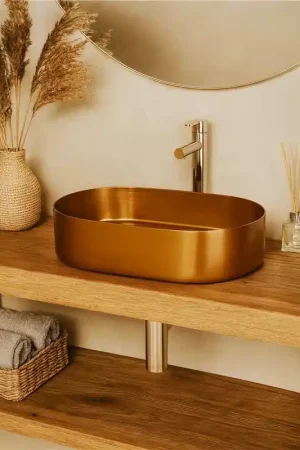 A Buon Prezzo Lavabo 55x35 da appoggio con valvola e flessibile oro rosa