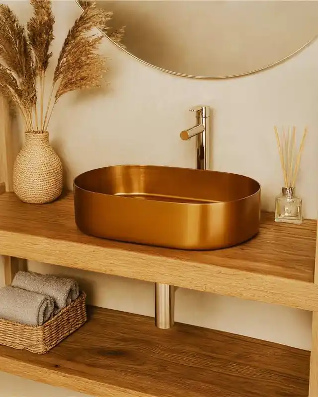 A Buon Prezzo Lavabo 55x35 da appoggio con valvola e flessibile oro rosa