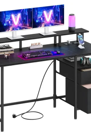 Scrivania per Computer con LED e Prese Nero Ebano Solo Oggi