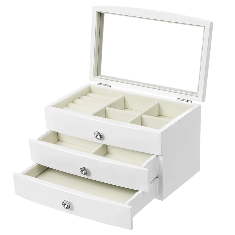 SONGMICS Cofanetto Portagioielli in Legno, Organizzatore per Gioielli a 3 Livelli con Grande Specchio a Coperchio, Pomelli Gioiellati, Bianco Super Prezzo