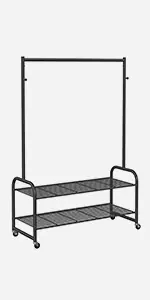 SONGMICS Stand Appendiabiti, Appendiabiti da Terra, Appendiabiti con Ruote, Ganci e Ripiani in rete, Porta Abiti con Rotelle per Ingresso, Soggiorno, Camera da Letto, Nero Scelto Dai Clienti