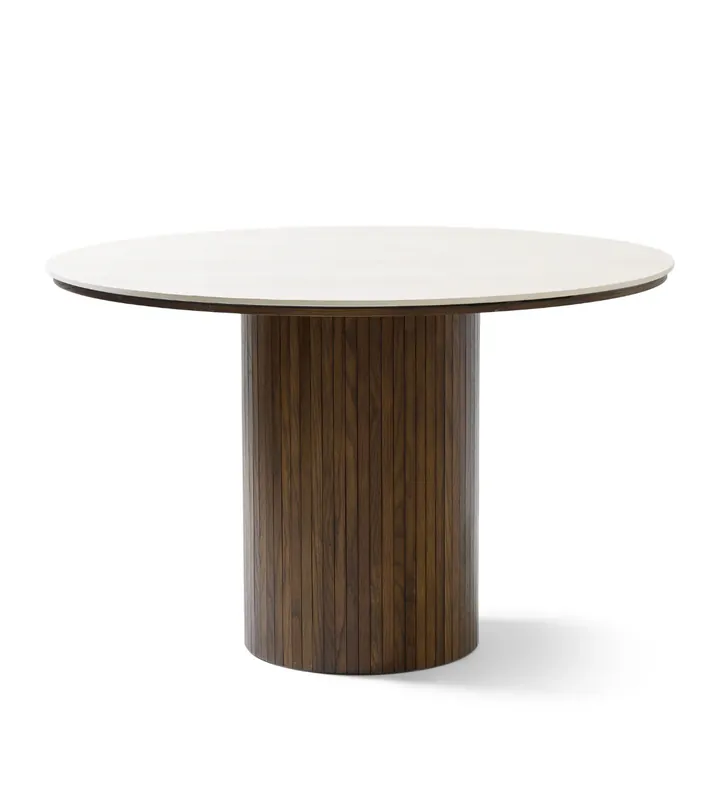 A Buon Prezzo Enzo tavolo da pranzo rotondo con piano in pietra beige e base a doghe in rovere fumé Ø120 cm